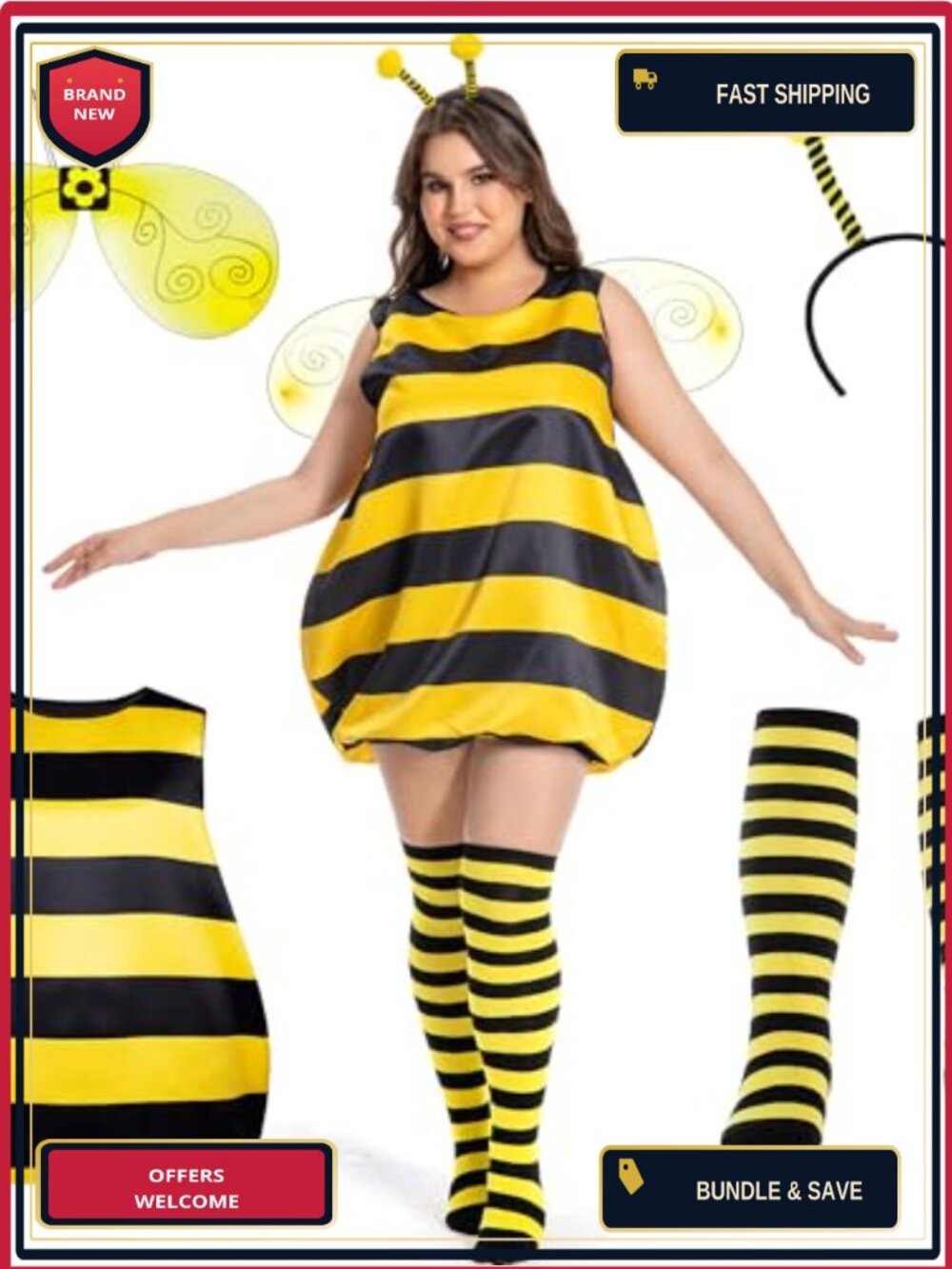 Plus Size Bumble Bee Costume Adult 3X Tunic Leg Warmers Wings Headband